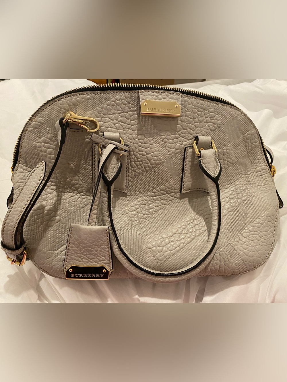 Burberry Pebbled 2-Way Leather Satchel in Light Gray with Gold Hardware